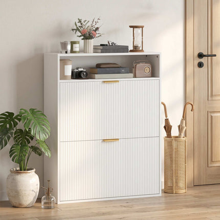Slim Shoe Cabinet, 2 Flip Drawers, Top Shelf – 24 cm Deep, White