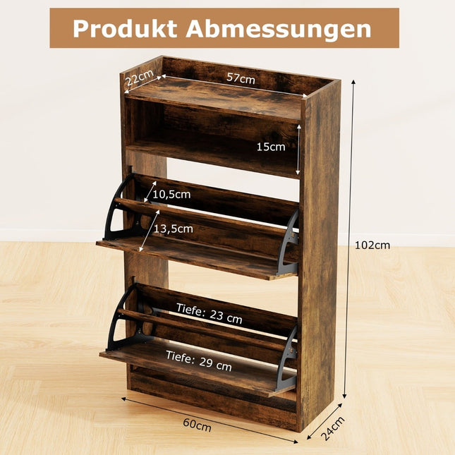 Slanke schoenenkast met 2 klapvakken, rustiek hout