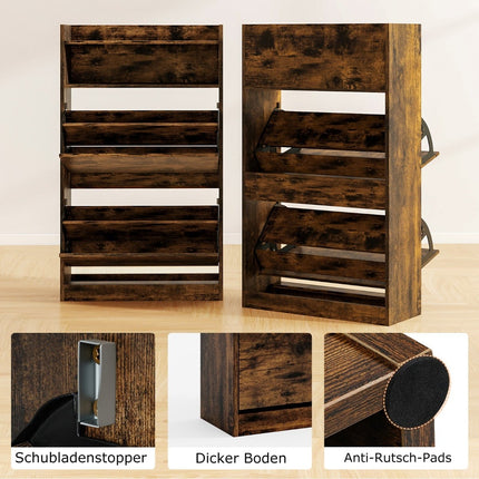 Slim Shoe Cabinet with 2 Flip Compartments, Rustic Wood
