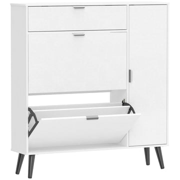 Slim Shoe Cabinet with 2 Flip Compartments, White MDF