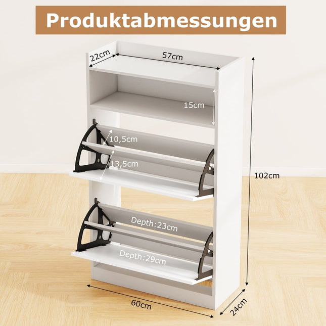 Slanke schoenenkast met 2 klapvakken, wit hout