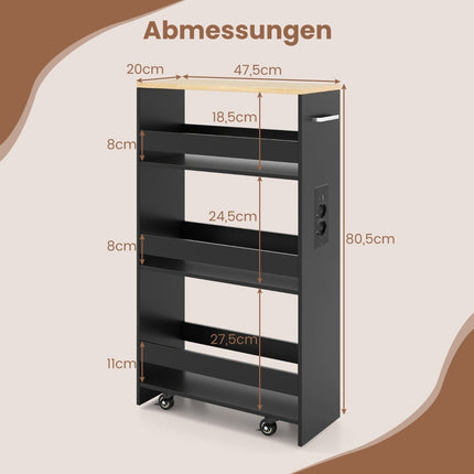Slim Storage Cart with Charging Station – 4-Tier, Black