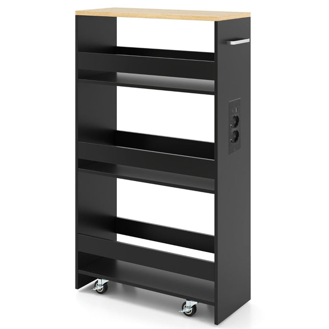 Slim Storage Cart with Charging Station – 4-Tier, Black