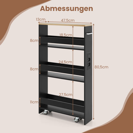 Slim Storage Cart with Charging Station, 4-Tier, Black