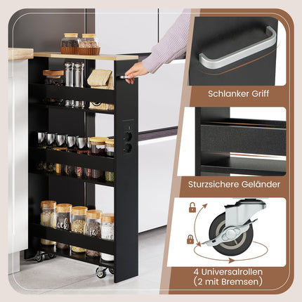 Slim Storage Cart with Charging Station, 4-Tier, Black