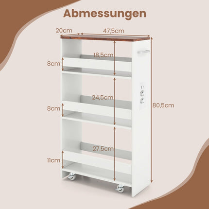 Slim Storage Cart with Charging Station – 4-Tier, Rustic Brown