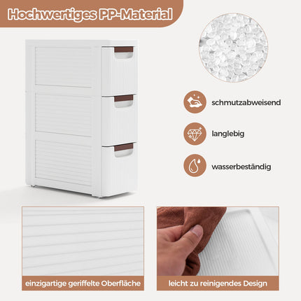 Slim Storage Cart with Wheels, 3 Drawers, White, PP Material