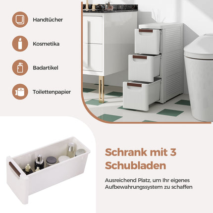 Slim Storage Cart with Wheels, 3 Drawers, White, PP Material