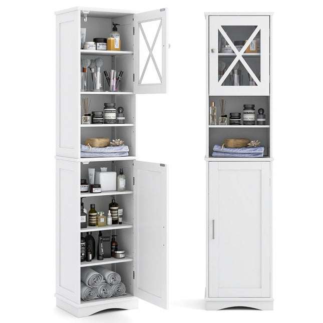 Slim bathroom cabinet with 5 adjustable shelves & 2 doors, freestanding tall cabinet, white