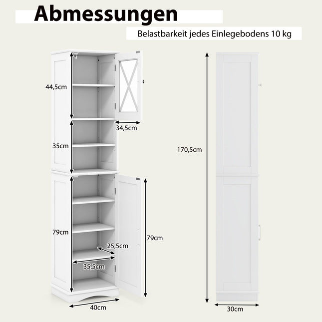 Slim bathroom cabinet with 5 adjustable shelves & 2 doors, freestanding tall cabinet, white