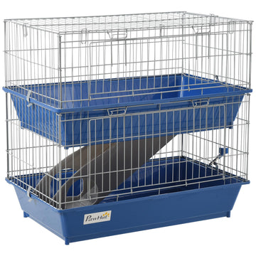 Two-story small animal cage with accessories, blue/grey