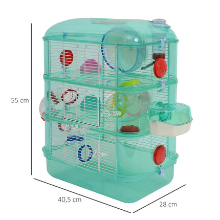 Green pet cage - Includes wheels, bowl and bottle, 40.5x28x55 cm