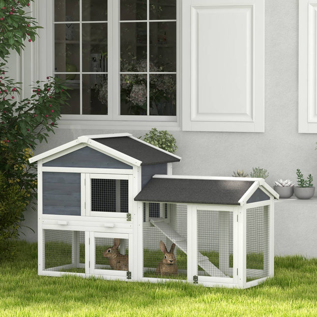 Small Animal Hutch with Run, Fir Wood, 147 x 54 x 84 cm, Gray