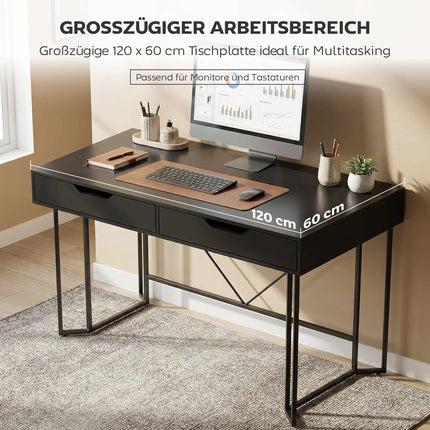 Small Black Computer Desk with Drawers, 120 cm