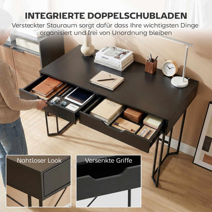 Small Black Computer Desk with Drawers, 120 cm