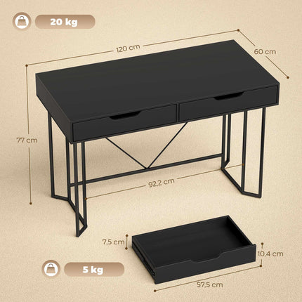 Small Black Computer Desk with Drawers, 120 cm