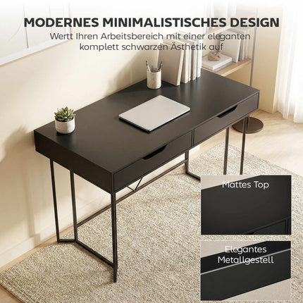 Small Black Computer Desk with Drawers, 120 cm