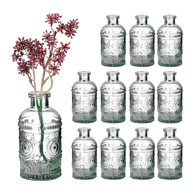 Small Glass Vases Set of 12 – Decorative Embossed Design