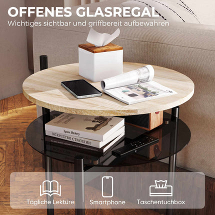 Small Oak Side Table with Open Glass Shelf, 41.8 x 39.8 x 53.5 cm