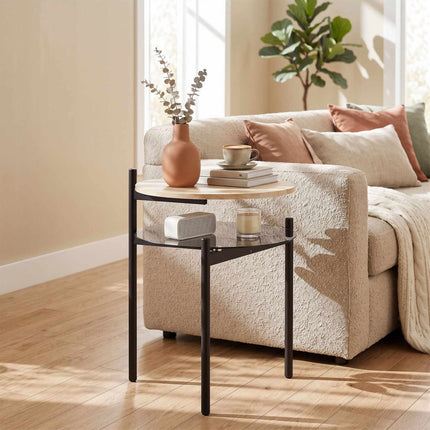Small Oak Side Table with Open Glass Shelf, 41.8 x 39.8 x 53.5 cm
