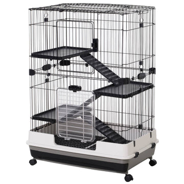 Small Pet Cage, 4 Wheels, 3 Doors, 2 Platforms, Metal, Black