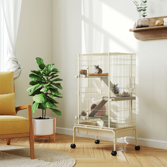 Beige cage for small animals with accessories and pull-out tray