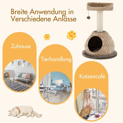 Small cat tree with cave & natural sisal & handmade basket φ 48 x 70.5 cm