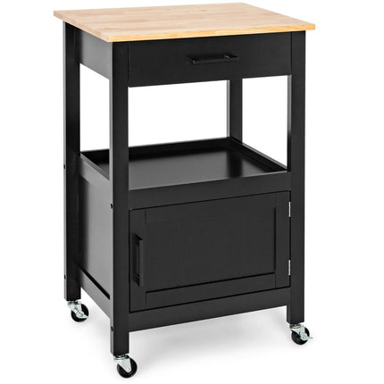 Small kitchen trolley on wheels with cupboard & drawer & 3 hooks serving trolley black