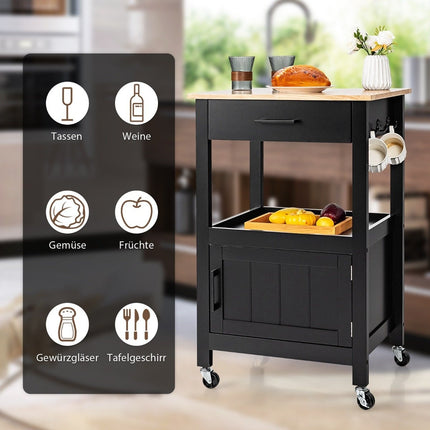 Small kitchen trolley on wheels with cupboard & drawer & 3 hooks serving trolley black