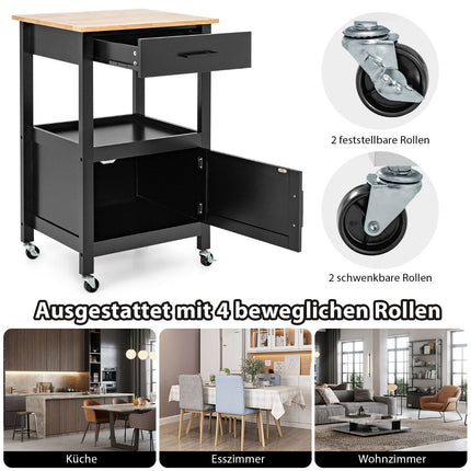 Small kitchen trolley on wheels with cupboard & drawer & 3 hooks serving trolley black