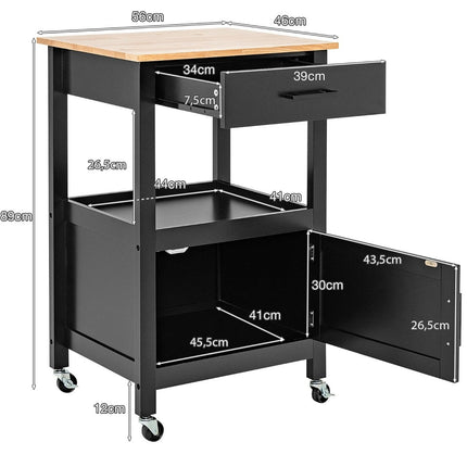 Small kitchen trolley on wheels with cupboard & drawer & 3 hooks serving trolley black