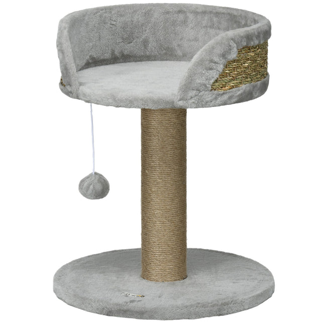 Cat scratching post with play ball and bed, gray