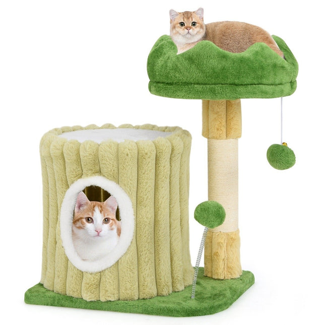 Small scratching post cat tree with platform sisal scratching post cat cave & 2 balls green