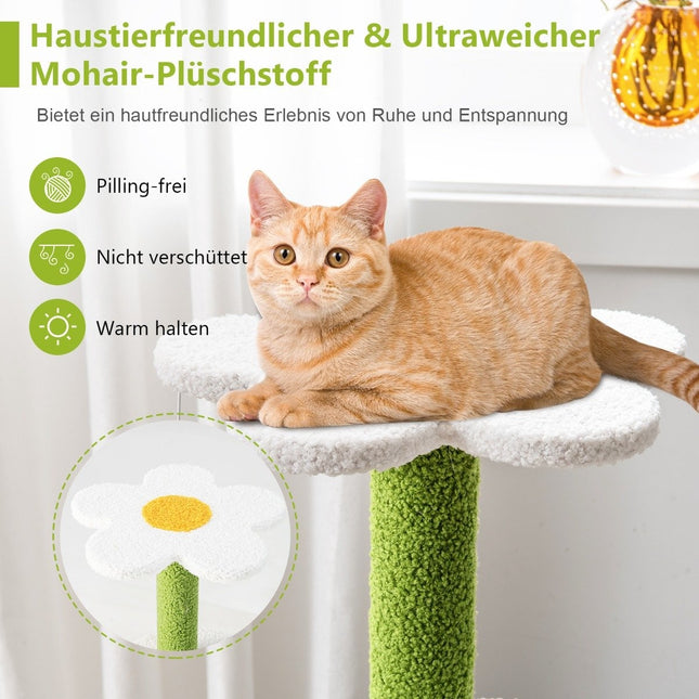 Small scratching post with flower-shaped seat & 2 balls & leaf-shaped climbing tower green + blue