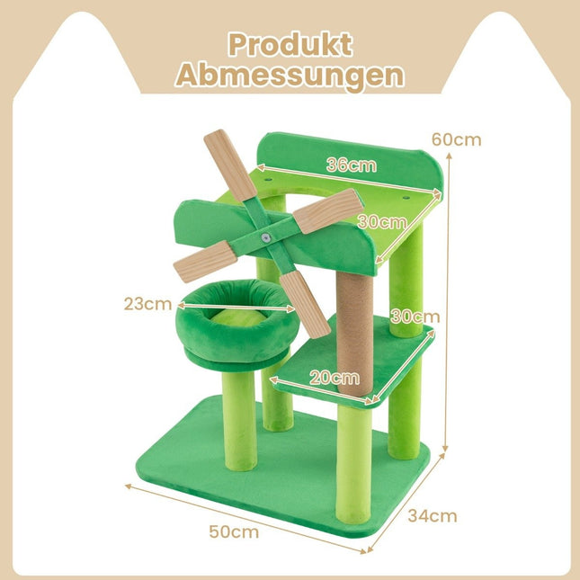 Small scratching post with lying area & platforms & scratching post cat tree in the shape of a windmill