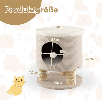 Small scratching post with soft seat & 3 sisal scratching posts & ball stool 40 x 40 x 47 cm beige