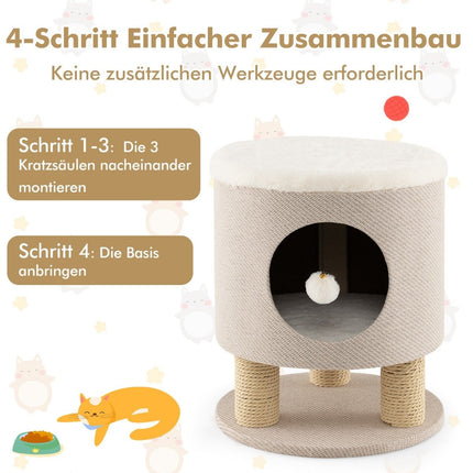 Small scratching post with soft seat & 3 sisal scratching posts & ball stool 40 x 40 x 47 cm beige