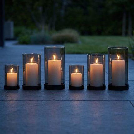 Smoked Glass Candle Holders Set of 6 with Metal Bases