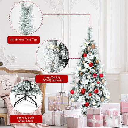 Snow-Flocked Pencil Christmas Tree, 5ft, Berries