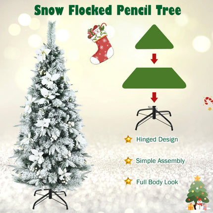 Snow-Flocked Pencil Christmas Tree, 5ft, Berries