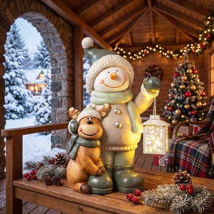 Snowman Figurine 43cm with LED Lantern & Timer