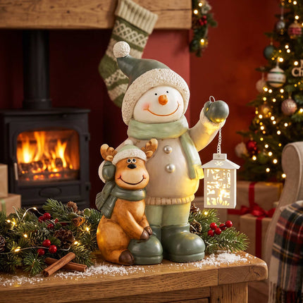 Snowman Figurine 43cm with LED Lantern & Timer