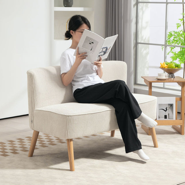 Two-seater sofa in modern corduroy look, cream white