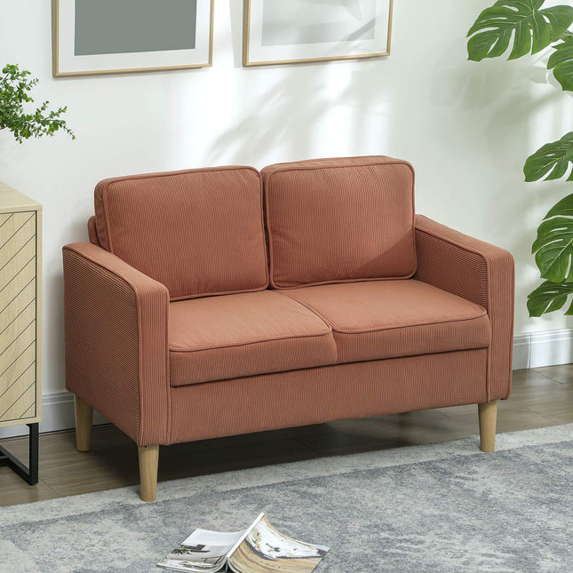 Bank 2-zits kleine bank met armleuningen, opbergruimte, moderne gestoffeerde bank met koordlook, houten poten, kussens, loungebank voor woonkamer, slaapkamer, 117 x 63 x 79 cm, roze