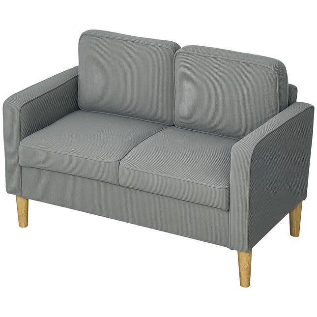 Bank 2-zits kleine bank met armleuningen, opbergruimte, moderne gestoffeerde bank met corduroy look, houten poten, kussens, loungebank voor woonkamer, slaapkamer, 117 x 63 x 79 cm, lichtgrijs