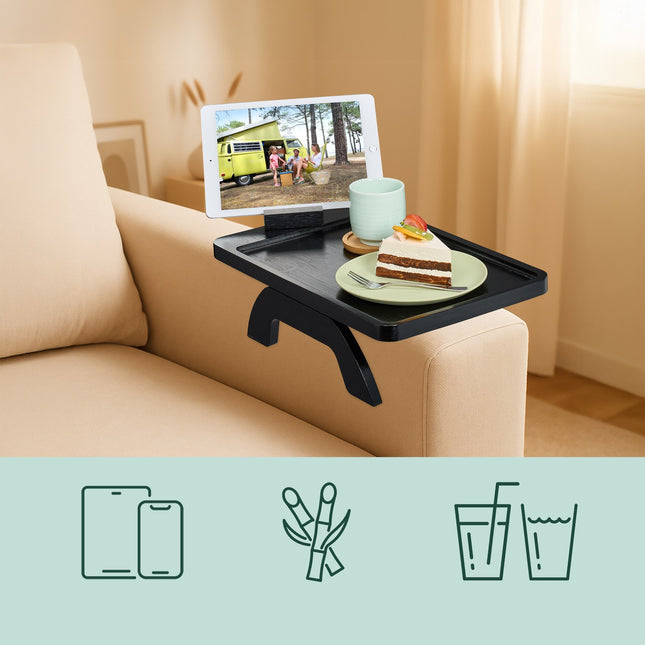 Sofa Armrest Tray – Black Bamboo with Device Holder