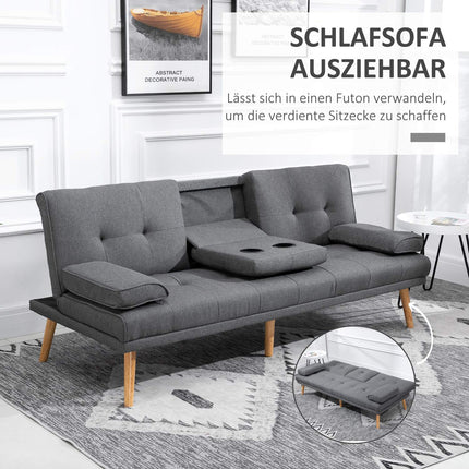 Dark gray 3-seater sofa bed with folding table & cup holder