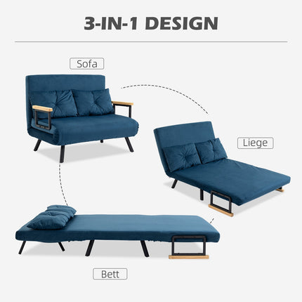 Blue Velvet sofa bed, adjustable backrest, folding design