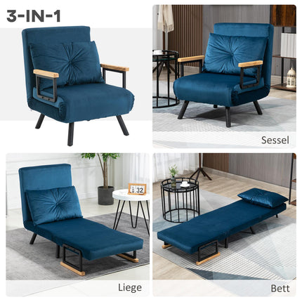 Blue Velvet Sofa Bed - Adjustable backrest, 63x73x81cm