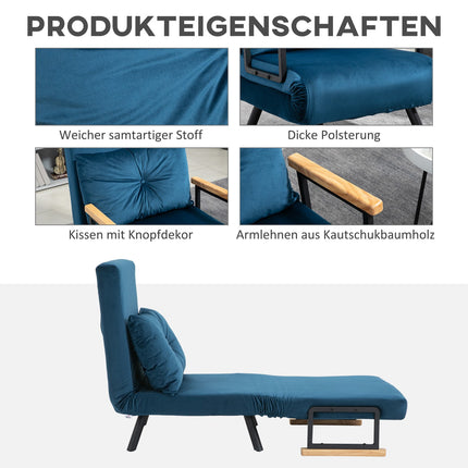 Blue Velvet Sofa Bed - Adjustable backrest, 63x73x81cm